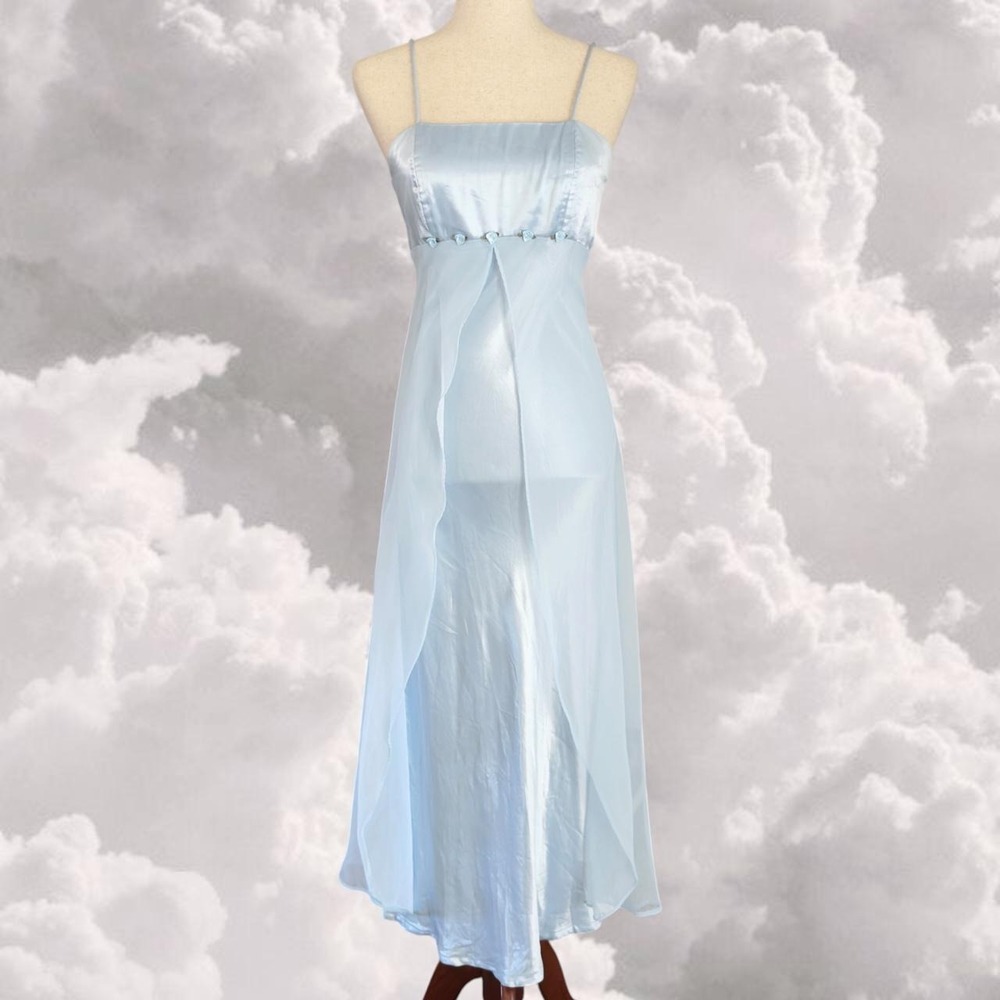 Vintage Y2K formal baby blue empire waist satin gown with rosette detail size S